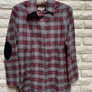 Bell by Alicia Bell Gray Red Plaid leather elbow patch button front shirt sz 2